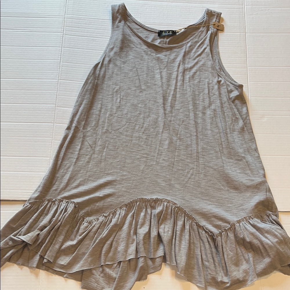 New with tag-LTX-Gray-Asymmetrical, Ruffled, lightweight, sleeveless, Tank top.